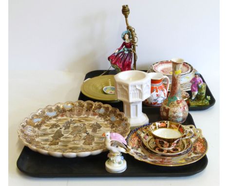 Satsuma shallow dish and vase, Royal Crown Derby cup and saucer, old Imari lidded pot, small Parian pulpit, Radnor ware lady 