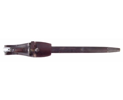 British Lee Enfield SMLE 1907 bayonet, scabbard and leather frog, stamped Wilkinson 1907, 58cm overall length. We are unable 