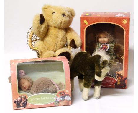 Two boxed Anne Geddes toys, Chad Valley teddy bear and Chair as well as a horse possibly Steiff We are unable to provide cond