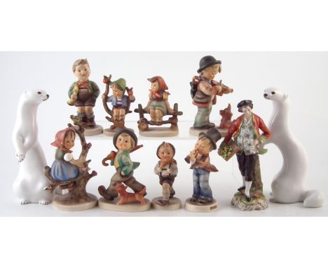 Eight Hummel figures, a Dresden figure of a gentleman and two Russian models of  white ferrets. We are unable to provide cond