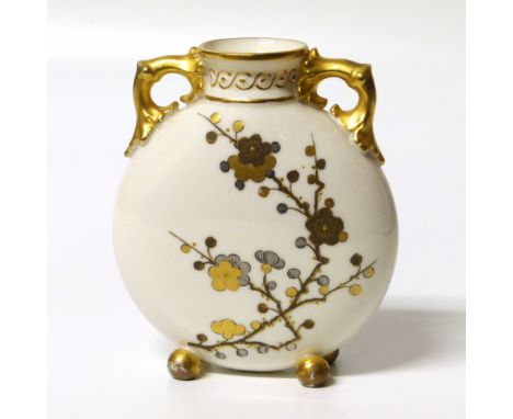 Royal Worcester moon flask two handled vase (553) with gilt and floral decoration. We are unable to provide condition reports