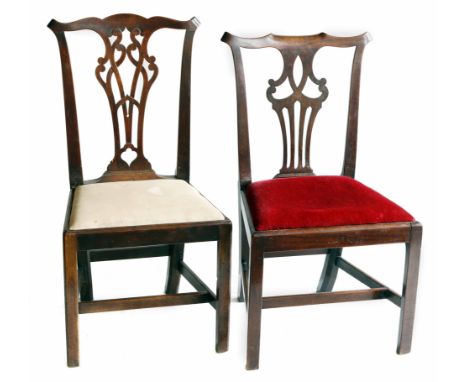 Two George II mahogany single dining chairs of Chippendale design, each with pierced splat backs, upholstered drop-in seat, s