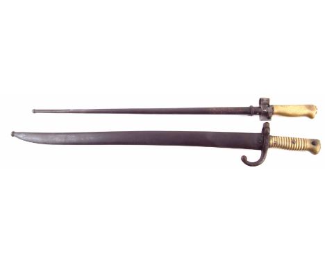 French Yataghan 1866 pattern bayonet with scabbard, dated 1874, also an M1886/93/16 Lebel bayonet with scabbard, (2) the larg