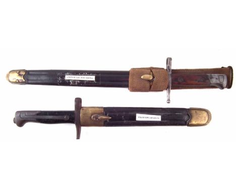 Italian 1876 / 1916 bayonet with leather and brass scabbard, the blade marked Torino, also a 1891 bayonet and scabbard with c