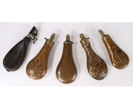 19th century embossed copper and brass powder flask by James Dixon &amp; Sons, signed to the spout, height 21cm, together wit