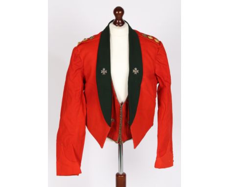 Officers Mess Dress jacket, scarlet cloth with dark green cloth collar, silver and enamel Derbyshire Regiment collar badges, 