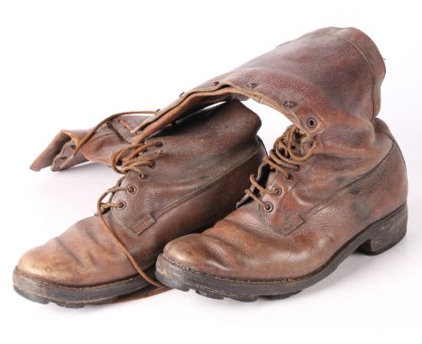 Officers Brown Leather Boots, high leg lace up front, leather soles with flat rubber cleat portions added, attributed to Colo