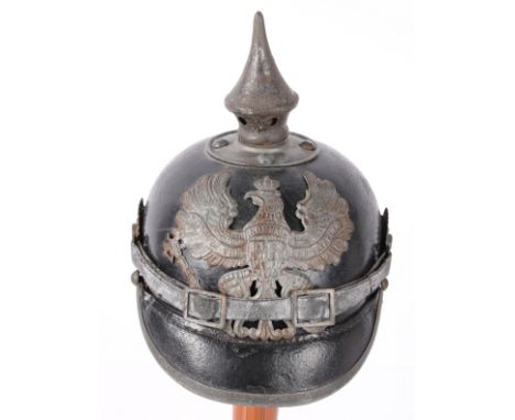 First World War Model 1915 Prussian infantry Pickelhaube with grey oxidised steel fittings, faint stamps to the inside rear p