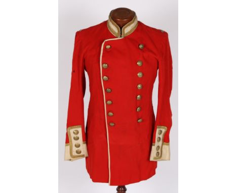 Military style scarlet tunic, double breasted, kings crown General Service buttons throughout, white cloth facings with gold 