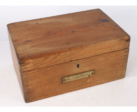 Early 20th century Royal Navy ratings wooden 'Ditty Box', brass plate to the front stamped 'T.J. FISHER', wooden slats to lid