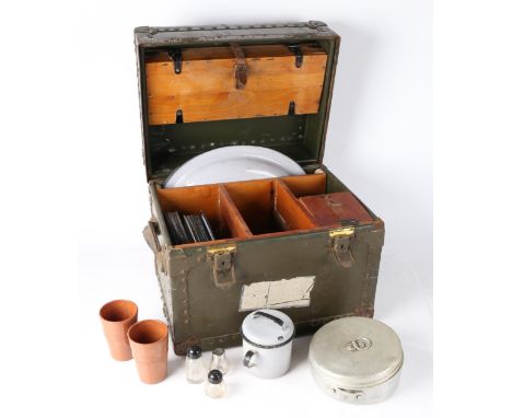 Early to mid 20th century Officers canteen/campaign set, iron bound wooden box with leather handles, containing tin plates, t