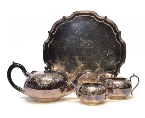 Silver plated tea set with an inscription from Sir Stanley Matthews C.B.E. Silver plated tea set by Pidduck, to include a tea