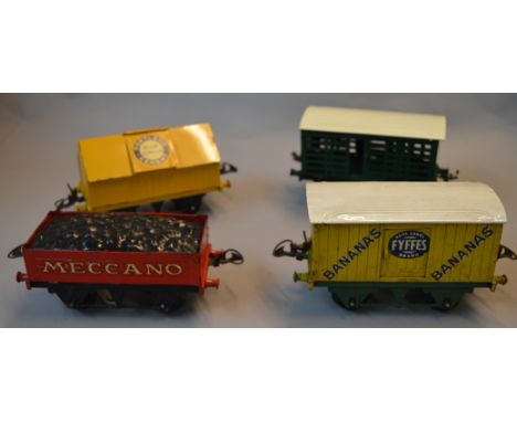 O Gauge. Hornby. 4 x rolling stock. Meccano coal wagon, "Fyffes" banana van, Blue Circle cement wagon & milk traffic van(repa