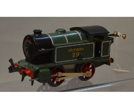 O Gauge. No.1 clockwork 0-4-0 tank engine. Repainted to Southern 29. F