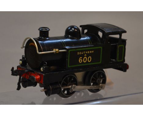 O Gauge. Hornby. No.1 0-4-0 clockwork tank engine. Southern black livery. A600. In F unrestored condition, however mechanism 