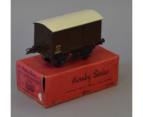 O Gauge. Hornby. No.1 luggage van SR brown. No.59941 Overall G, repainted roof. Top door runners fabricated from card.