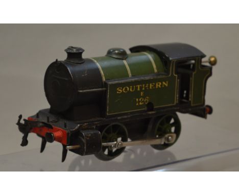 O Gauge. No.1 clockwork 0-4-2 tank engine. Southern matt green E126. Overall F condition some touching in.