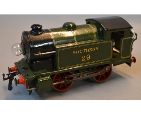 O Gauge. Hornby 0-4-0 electric 20 volt tank engine. Repainted to Southern 29. Overall F