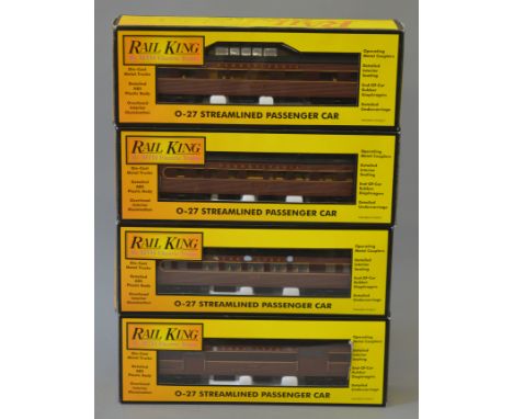 O Gauge. MTH Rail King (USA) 4 x Steamlined Pennslvania illuminated coaches including vista, baggage & observation cars. Over