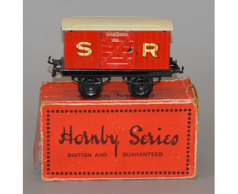 O Gauge. Hornby. gunpowder van SR red livery. Overall F/G possible repainted roof.