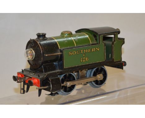 O Gauge. Hornby No.1 0-4-0 tank engine 20 volt electric. Southern E126. Mainly in F/G original condition some touching in run