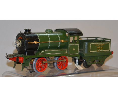 O Gauge. Hornby. No.0 0-4-0 tank engine 6 volt electric, Southern A759. Some repainting/restoration to locomotive, tender app