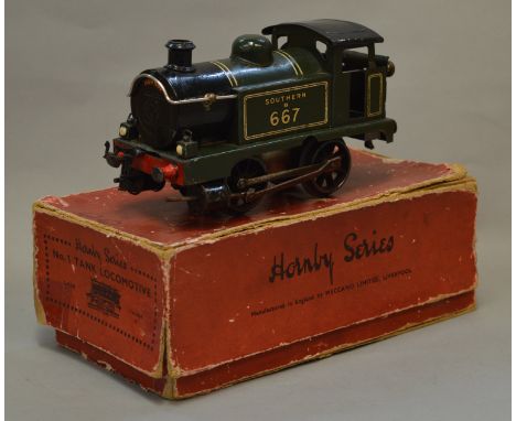 O Gauge. Hornby No.1 0-4-0 clockwork tank engine. Southern B667. In F unrestored condition.