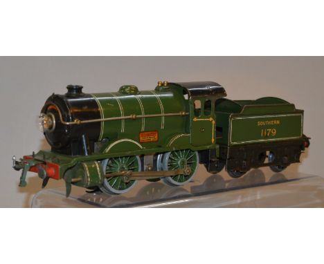 O Gauge Hornby E120 0-4-0 tender engine. 20 volt electric. Southern green 1179 Overall F/G unrestored condition.