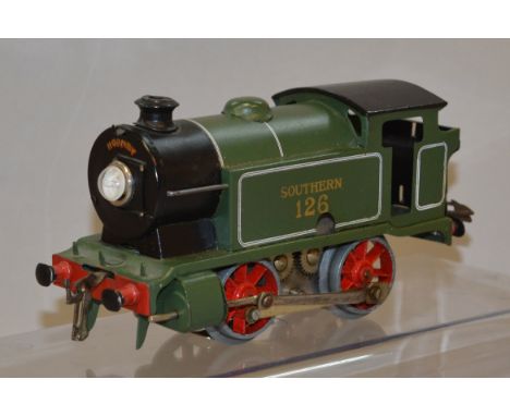 O Gauge. reproduction Hornby style 0-4-0 electric tank engine. Southern matt green livery.