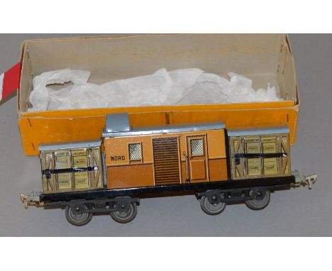 O Gauge. JEP (France) Nord Baggage Car, lithographed tinplate body. Scarce item in G overall condition, boxed.