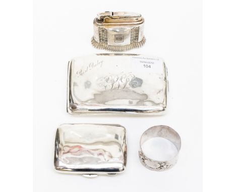 A silver cigarette case, Birmingham, monogrammed, together with another Birmingham napkin ring, London and a Ronson Diana lig