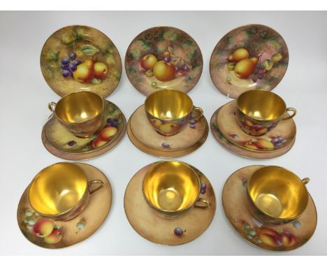 Royal Worcester fruit painted teaset; comprising six cups, six saucers and six plates, all pieces signed by artists, Roberts,