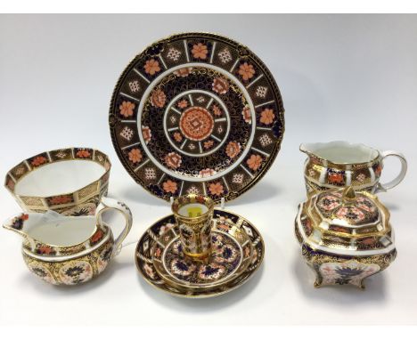 Royal Crown Derby Imari 1128 jugs, sugar, covered square bowl, plates, saucers, etc (eight items) 