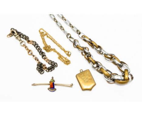  A silver and enamel 'Jenny Jones' bar brooch, a 1930s stylish neck chain, a multi metal bracelet with nickel clasp, has gold