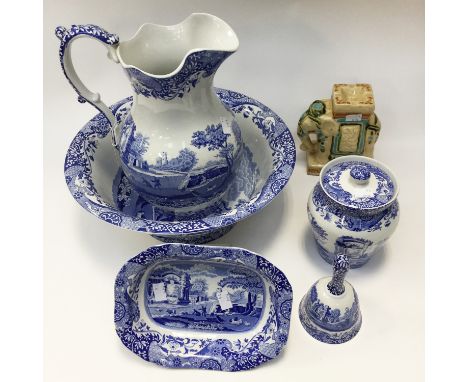 A Spode Italian pattern jug and bowl set, soap dish, bell and lidded jar and an elephant plant stand (6)