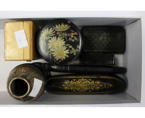 A collectors lot including three 19th century oblong paper mache glasses cases, a paper mache circular box and cover, a 19th 