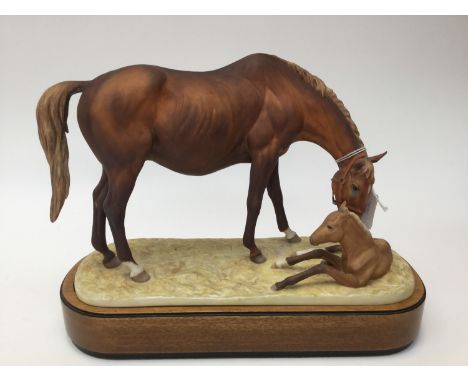 Royal Worcester limited edition 44/500 'The New Born' Mare and Foal, modelled and signed Doris Lindner, with plinth, includin