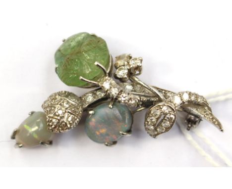  A pretty Diamond, green stone (possibly emerald) and Opal set flower brooch, comprising a stem pave set with forty graduated