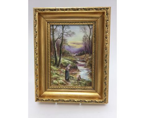 A framed Royal Worcester plaque, signed J. Skerett, woman and child by a stream, with CERTIFICATE 