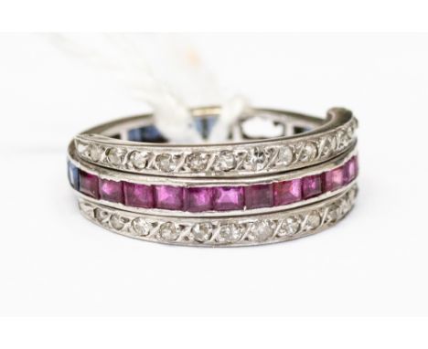 Ruby, Sapphire and Diamond reversible white gold eternity ring, channel set with square set rubies and sapphires, grain set w