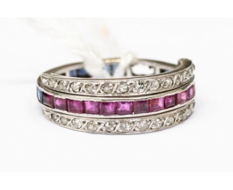 Ruby, Sapphire and Diamond reversible white gold eternity ring, channel set with square set rubies and sapphires, grain set w