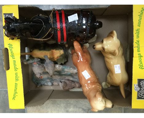 Two ceramic models of dogs; together with a shire horse, a bisque model of a dog and a model of birds on a wall (5) 