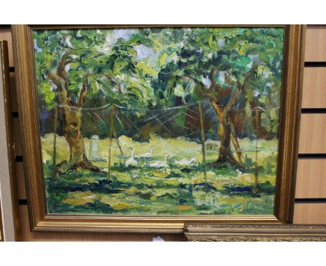 Marjorie Arnfield (English, 1930-2001), 'Orchard Geese', oil on canvas, framed, 49cm x 39cm. Provenance: Vendor acquired this
