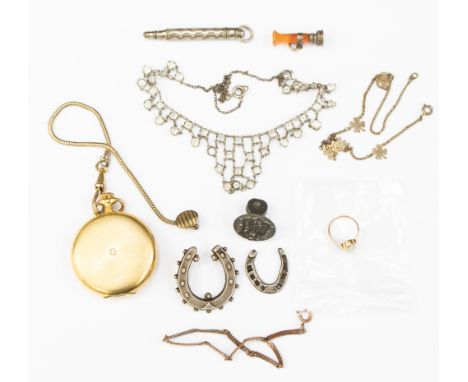 A collection of jewellery to include a 9ct gold and opal ring, size H, along with two Victorian silver horse shoe brooches, a