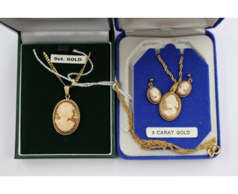 Cameo pendants (2) with 9ct gold surrounds and chain; together with 9ct gold surround cameo earrings (post and butterfly fast