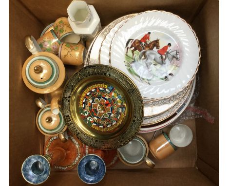 Two Grimwades Byzanta ware lustre candlesticks, Aynsley vase 'pembroke', Japanese tea service and Chokin ware pot and cover, 