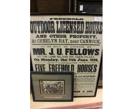 Original 19th-century auction poster advertising a 'freehold outdoor licensed house' near Cannock, to be sold by Mr J. U. Fel