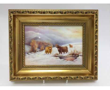 P. Platt, a Royal Worcester framed plaque Highland Cattle in the snow, CERTIFICATE 