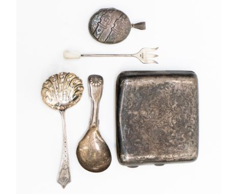 A small parcel of silver to include a pocket cigarette case, Chester 1918, and a William 1V silver caddy spoon, Birmingham 18