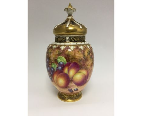  A Royal Worcester large fruit painted pot pourri vase and cover, with internal cover, ref: 2048, signed Freeman 